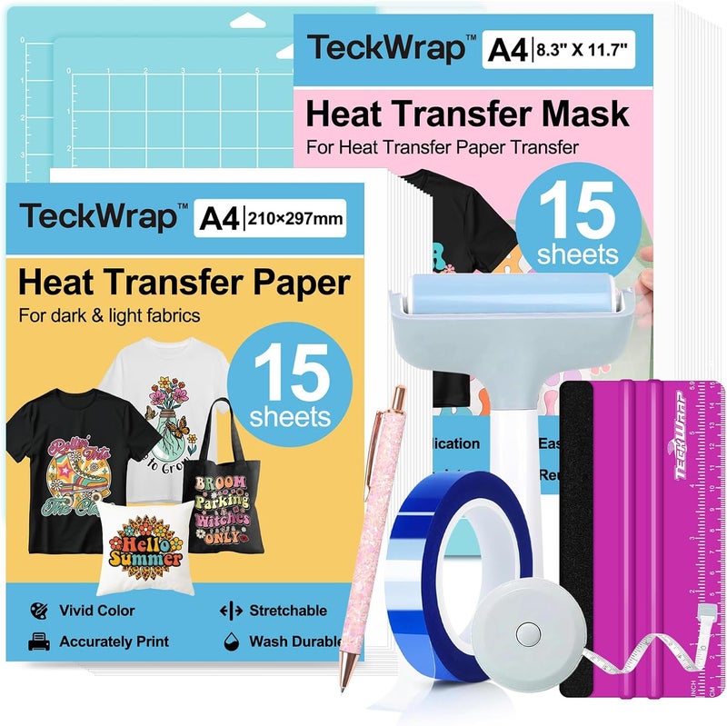 TECKWRAP Printable Heat Transfer Paper for T-Shirts 8.3" X 11.7" 15PCS Heat Transfer Vinyl for Inkjet Printer with Heat Transfer Mask 15PCS HTV Iron on Transfer Paper & 6PCS All-in-One Tool Set - Image 1